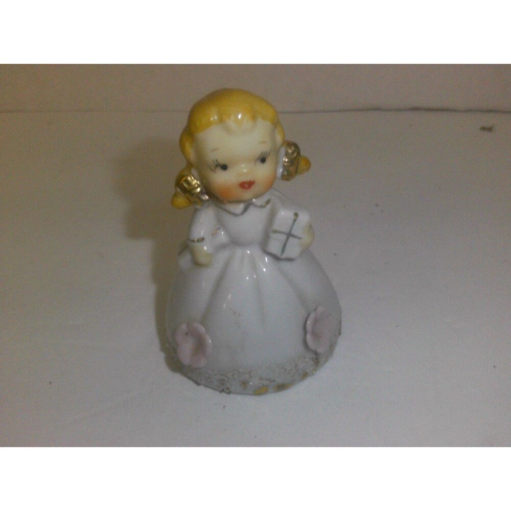 1950's girl w/pigtails,white Dress, Christmas Package Bell 3" Japan
